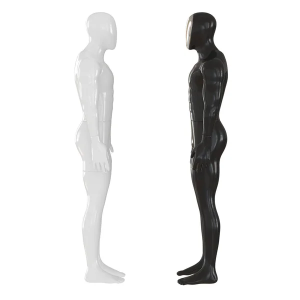 Deux mannequins hommes noirs et blancs se font face sur un fond isolé. Rendu 3d — Photo