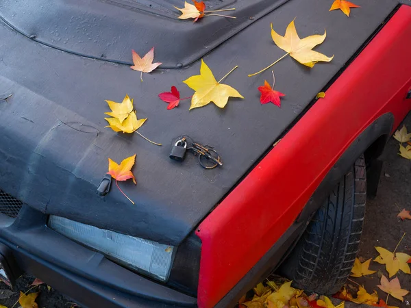 Piękne jesienne liście klonu leżą na masce starego czerwonego czarnego samochodu z zamkiem na nim — Zdjęcie stockowe