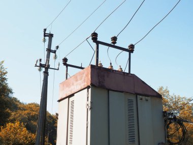 Mavi gökyüzü ve ağaçların arka planında elektrik kabloları olan bir trafo kabininin tepesinde.