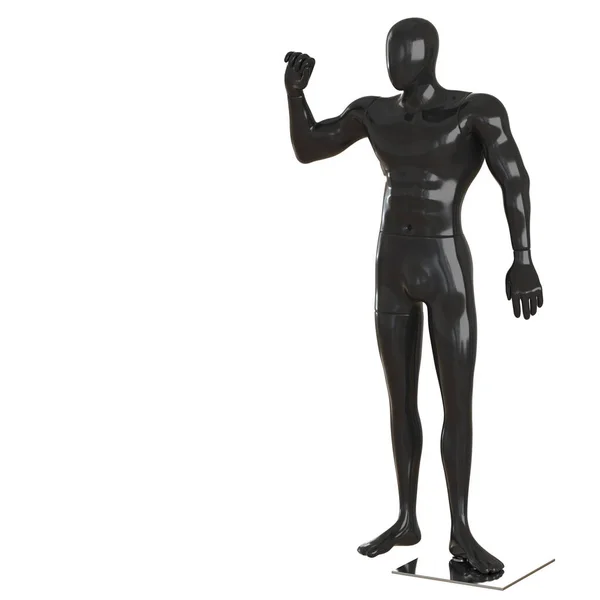 一种雄性黑色抽象的人体模特，高举手放在白色背景上。3d渲染 — 图库照片