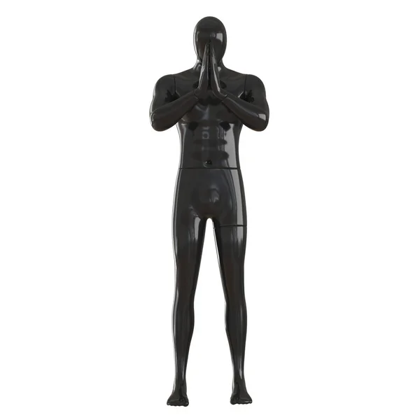 Maniquí abstracto masculino negro con las manos dobladas delante de la cara sobre fondo blanco. renderizado 3d — Foto de Stock