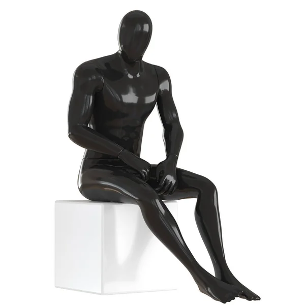 Un maniquí sin rostro masculino negro se sienta sobre un cubo blanco sobre un fondo aislado. renderizado 3d —  Fotos de Stock