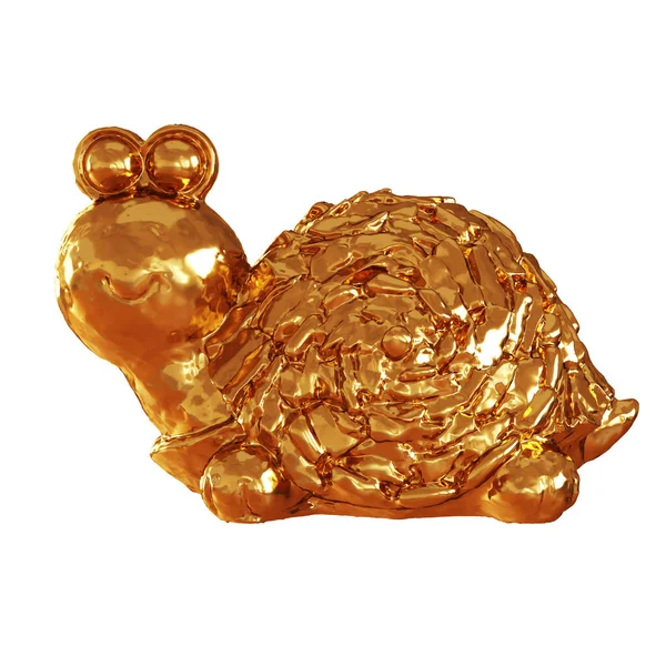 Złoty błyszczący figurka żółw z okrągły oko na odosobniony tło. Widok z boku. 3d renderowanie — Zdjęcie stockowe
