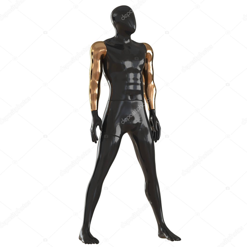 A black male faceless mannequin with golden hands stands wide apart legs on a white background. 3d rendering