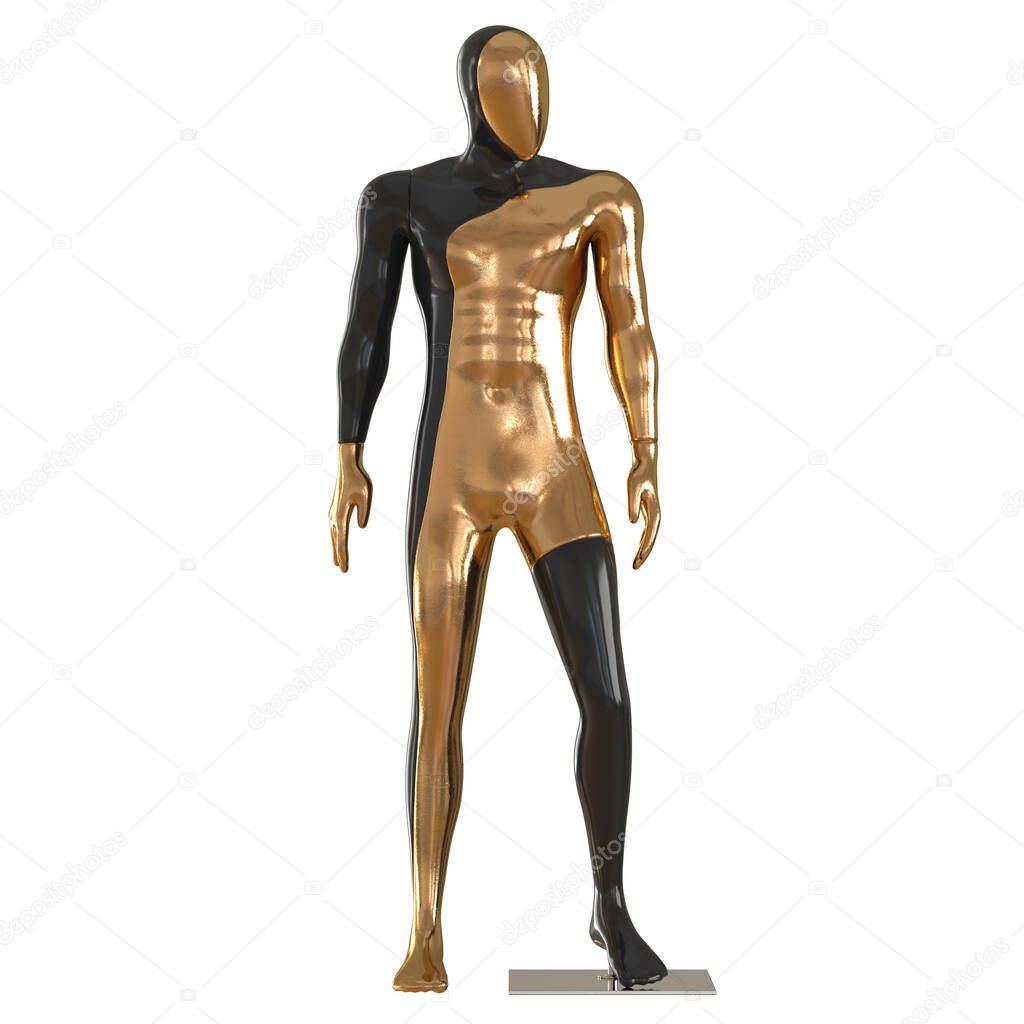 A male black gold mannequin stands with its head turned to the side on an isolated background. 3d rendering