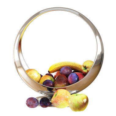 Olgun erikler, elmalar ve muzlu parlak gümüş vazo. Bir kase meyve. 3d oluşturma