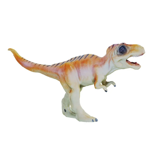 红色的白色玩具恐龙，背上有条纹，嘴巴张开，两条腿站立在一个孤立的背景下。3d渲染 — 图库照片