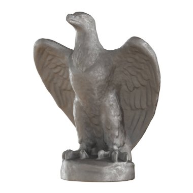 Gri metal bir kartal figürü izole bir arka planda, yuvarlak bir stantta oturuyor. 3d oluşturma
