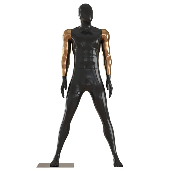 Černý mužský figurína se zlatýma rukama stojí široké nohy od sebe na bílém pozadí. Přední pohled. 3D vykreslování — Stock fotografie