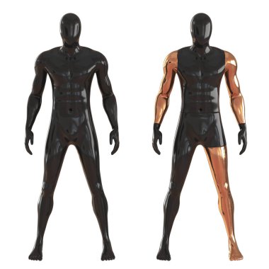 İki erkek manken, biri tamamen siyah ve diğeri altın rengi detaylarla siyah, beyaz arka planda duruyor. Ön manzara. 3d oluşturma