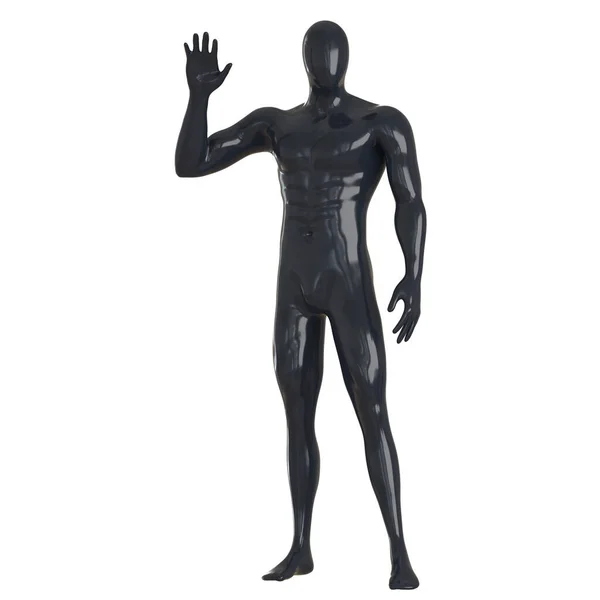 Чорний чоловік безликий манекен стоїть з вигнутою рукою, піднятою на ізольований фон. 3D візуалізація — стокове фото