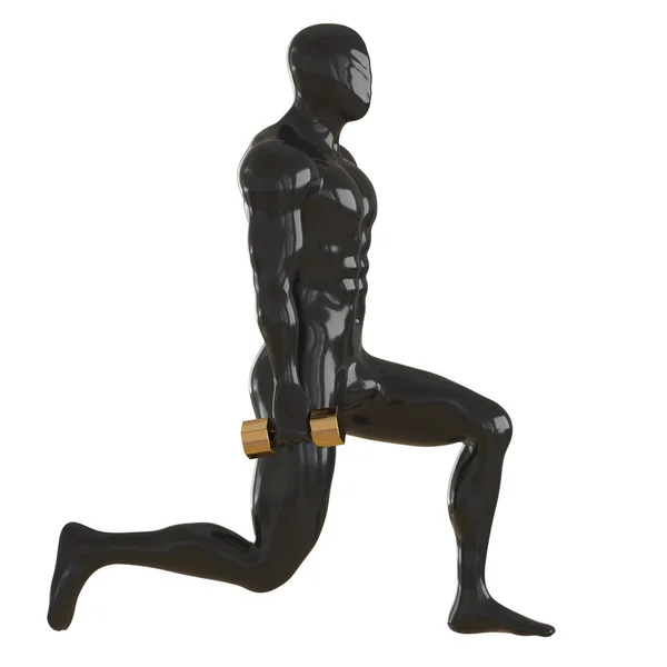 Manequim muscular masculino preto com halteres dourados em lunge. Vista lateral. Renderização 3d — Fotografia de Stock