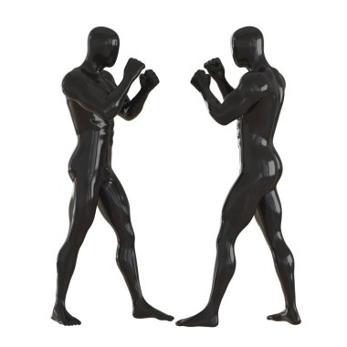 İki siyah erkek manken elleri yumruk yumruğa birbirlerine karşı duruyorlar. Yedek poz. 3d oluşturma