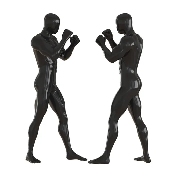 Dos maniquíes masculinos negros se paran uno frente al otro con las manos en puños. Una pose escandalosa. renderizado 3d — Foto de Stock