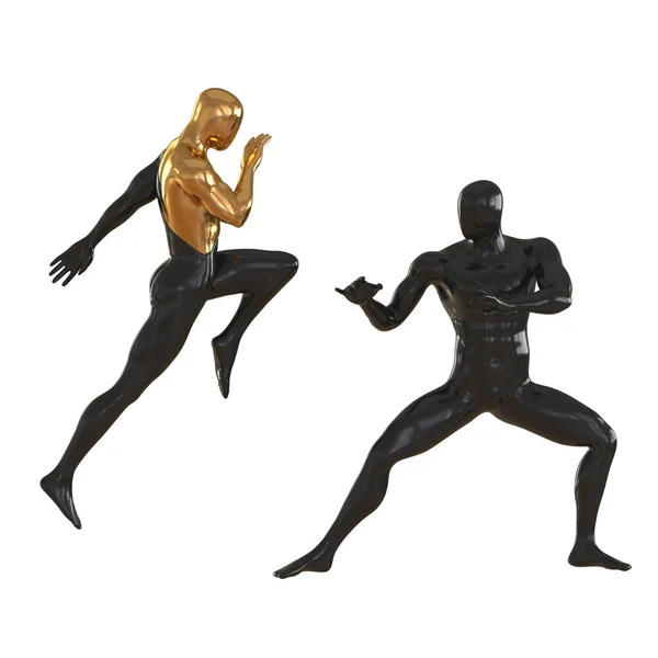 两个假的黑金和完全黑色的战士在白色背景下练习技术的姿势。3d渲染 — 图库照片
