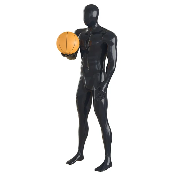 Чёрный мужчина абстрактный манекен с баскетбольным мячом в руке на белом фоне. 3d-рендеринг — стоковое фото