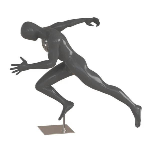 Gray male mannequin in the pose of a running man on a stand on an isolated background. Side view. 3d rendering — Stock Photo, Image