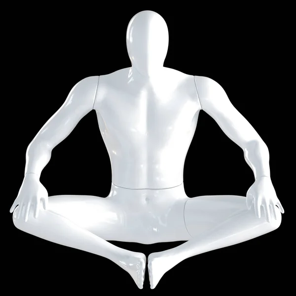 Een witte mannelijke etalagepop zit in een vlinder poseren op een zwarte achtergrond. Yoga asana. Vooraanzicht. 3d destructie — Stockfoto