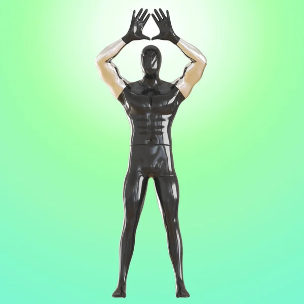 Manichino maschio nero con mani argentee e palme nere su sfondo turchese. rendering 3d — Foto Stock