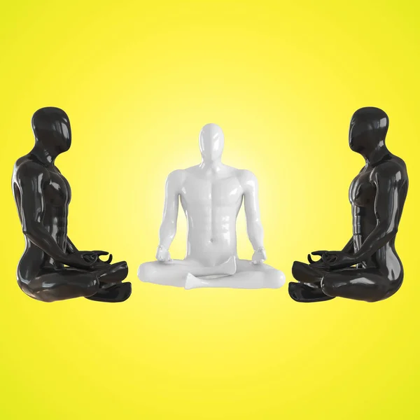 Dois manequins masculinos pretos e um manequim branco sentam-se em uma posição de lótus em um fundo amarelo. Renderização 3d — Fotografia de Stock