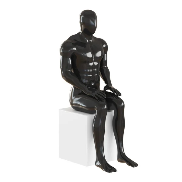 Un mannequin noir sans visage masculin est assis sur un cube blanc sur un fond isolé. Rendu 3d — Photo