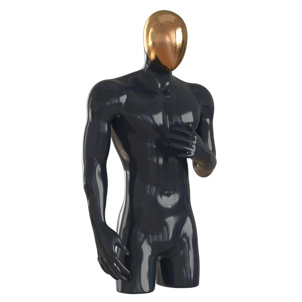 Černý mužský figurína bez nohou se zlatou hlavou na bílém pozadí. 3D vykreslování — Stock fotografie