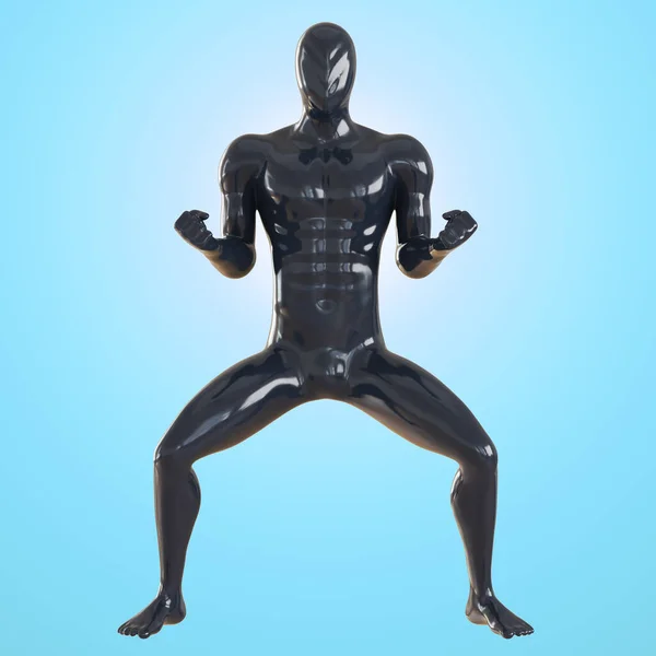 Un maniquí masculino negro con una cabeza modelada agachada y sostiene sus manos en puños. Vista frontal. renderizado 3d. Postura de Karate — Foto de Stock