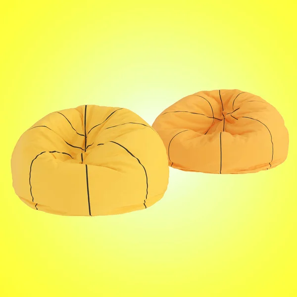 Dwa miękkie skórzane fotele w kształcie koszykówki na żółtym podświetlonym tle. 3d renderowanie — Zdjęcie stockowe
