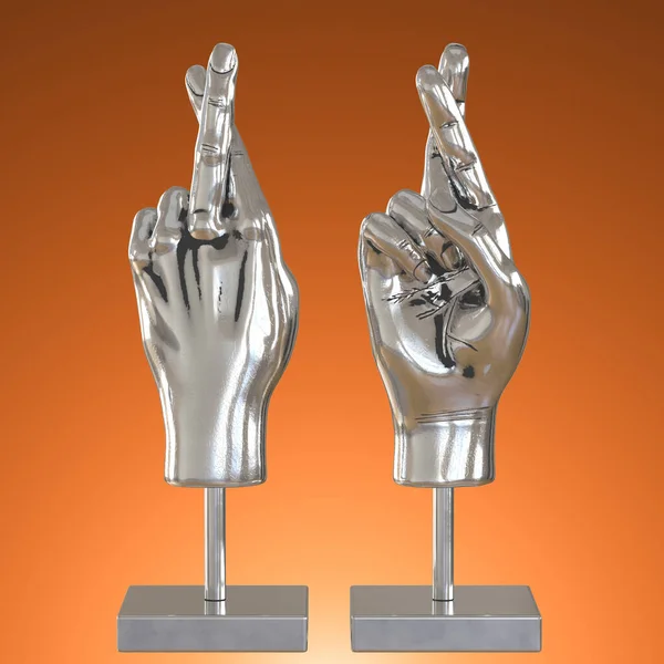 Dwie srebrne dłonie ze skrzyżowanymi palcami na stojakach na pomarańczowym tle. Widok z przodu i z tyłu. 3d renderowanie — Zdjęcie stockowe