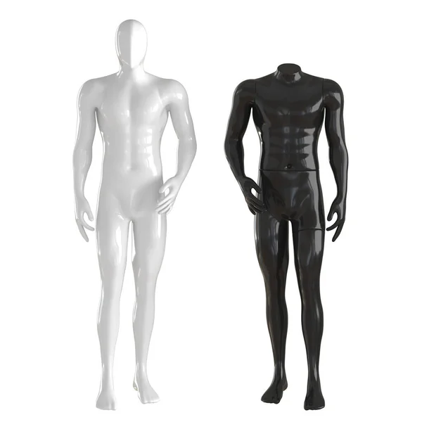 Dos maniquíes masculinos blanco con una cara abstracta y negro sin cabeza sobre un fondo aislado. Vista frontal. renderizado 3d — Foto de Stock