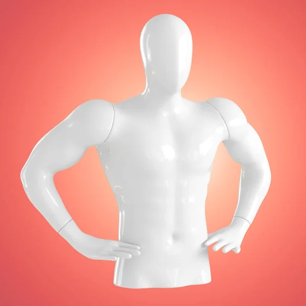 O topo de um manequim masculino branco com as mãos perto da cintura em um fundo vermelho. Renderização 3d — Fotografia de Stock