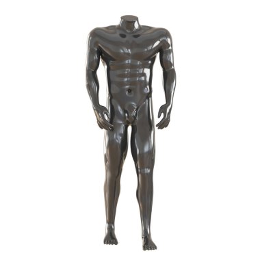 Beyaz arka planda yürüyen bir adam pozunda siyah, başsız erkek manken. 3d oluşturma