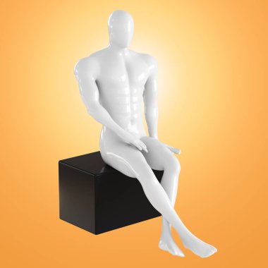 Beyaz yüzsüz bir erkek manken turuncu bir arka planda siyah dikdörtgen bir koltukta oturur. 3d oluşturma