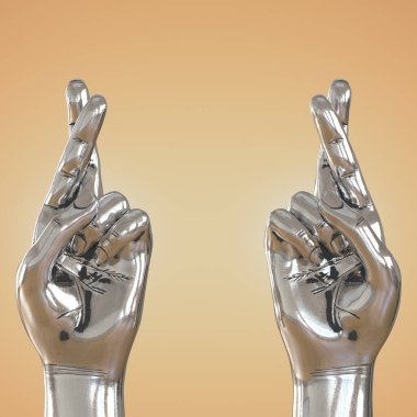 Bej arka planda çapraz parmaklı iki gümüşi el. Ön ve arka manzara. 3d oluşturma