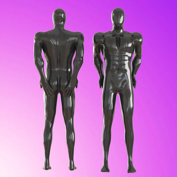 Два мужских мускулистых манекена стоят, держа руки сзади на фиолетовом фоне. Вид спереди и сзади. 3d-рендеринг — стоковое фото