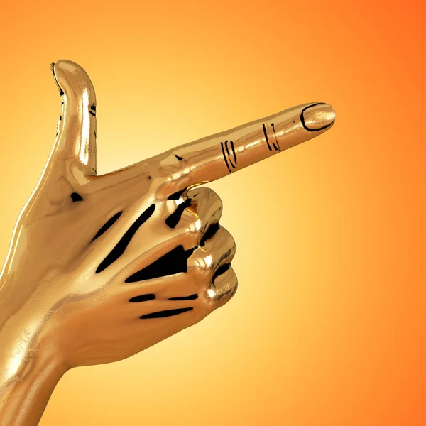 Złota ręka z wyciągniętym palcem wskazującym i kciukiem na pomarańczowym tle. Znak wskazujący. 3d renderowanie — Zdjęcie stockowe