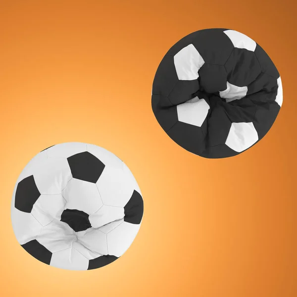 Δύο ασπρόμαυρες πολυθρόνες με τη μορφή μπάλας ποδοσφαίρου σε πορτοκαλί φόντο. Στο πάνω μέρος. 3d απόδοση — Φωτογραφία Αρχείου