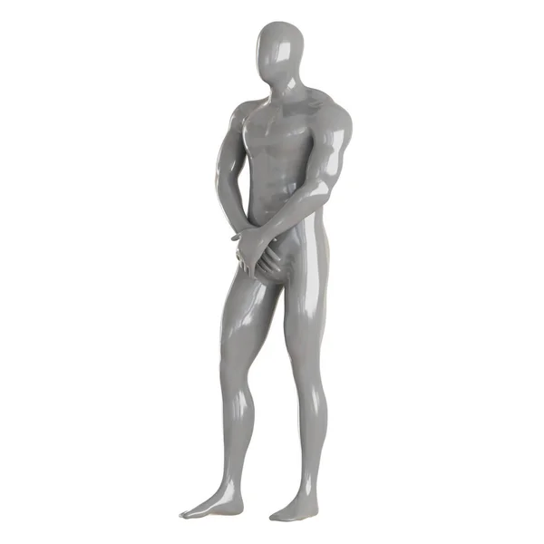 Šedá mužská figurína bez tváře stojí s dlaněmi zkříženými na bílém pozadí. 3D vykreslování — Stock fotografie