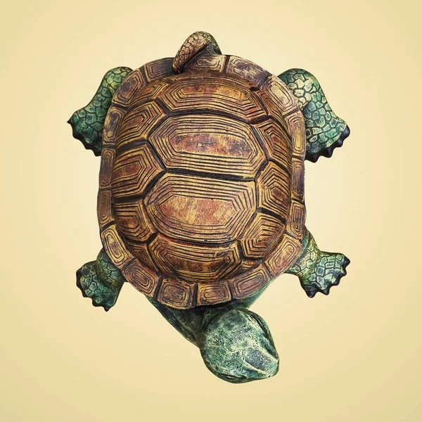 Decorative ceramic figurine of a turtle on a beige background. Top view. 3d rendering — Stock Photo, Image