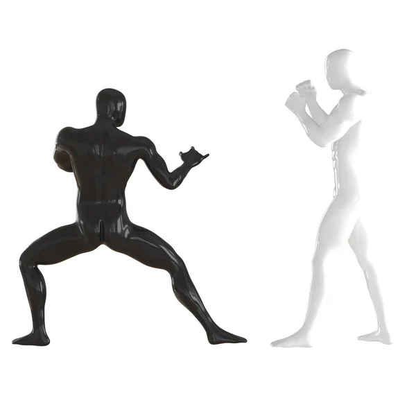 两名装扮成战士在孤立的背景下练习技术的白种人和黑种人。3d渲染 — 图库照片