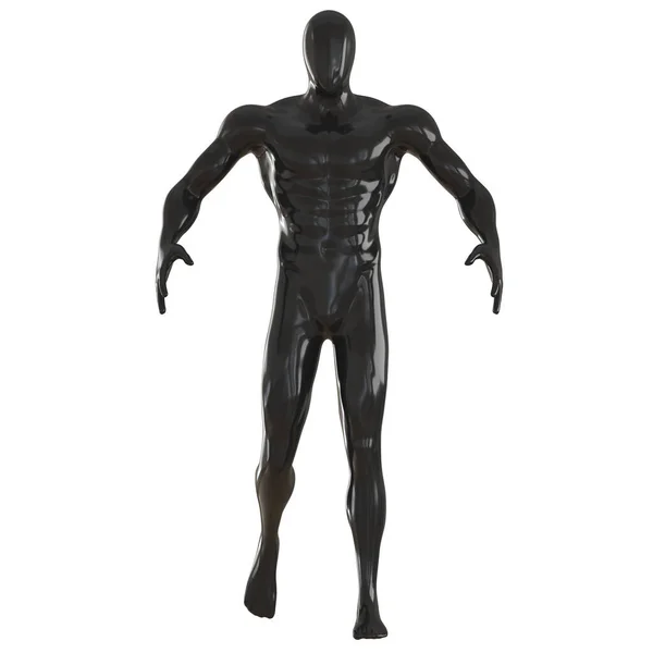 Manichino nero maschio senza volto con braccia divaricate in una posa che cammina su uno sfondo bianco. Vista frontale. rendering 3d — Foto Stock