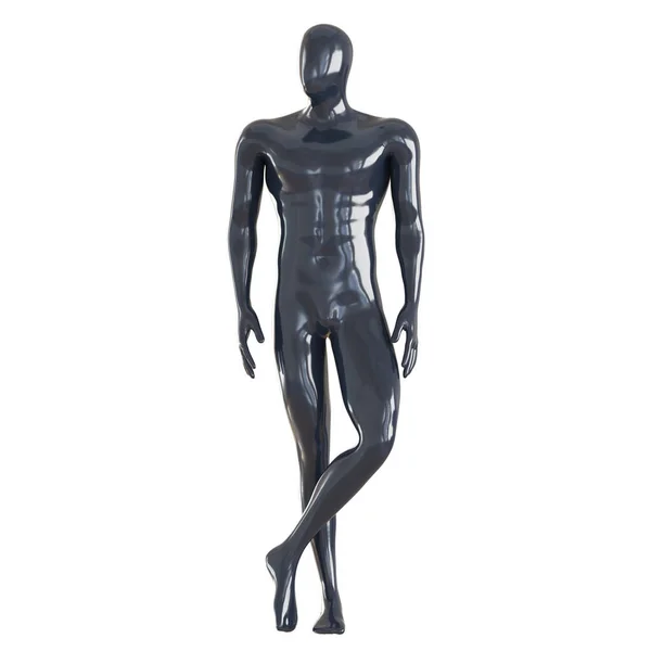 Maniquí sin rostro masculino negro se encuentra con las piernas cruzadas sobre un fondo blanco. renderizado 3d — Foto de Stock