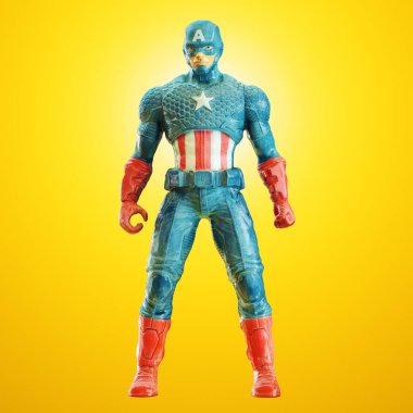 Oyuncak Kaptan Amerika sarı arka planda poz veriyor. Ön manzara. 3d oluşturma