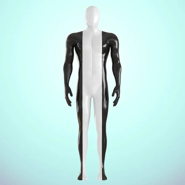 A black white male mannequin consisting of two halves standing in a relaxed pose on a blue background. 3d rendering — Stock Photo, Image