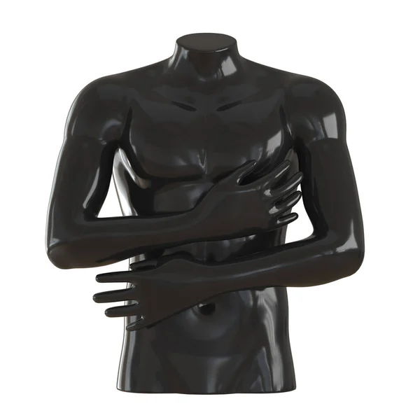 Torso masculino de plástico negro sin cabeza cubriendo el cuerpo con las manos sobre un fondo blanco. Vista frontal. renderizado 3d — Foto de Stock