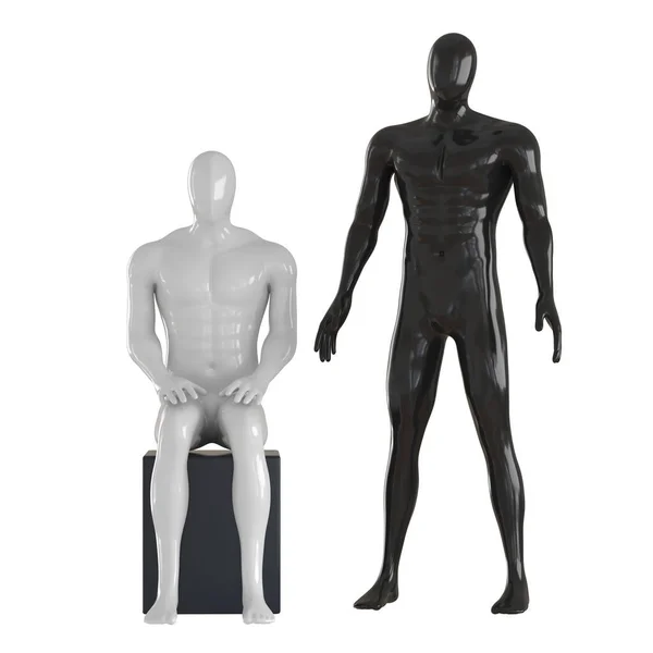 Un maniquí masculino blanco se sienta en un cubo junto a un maniquí negro de pie. Vista frontal. renderizado 3d — Foto de Stock