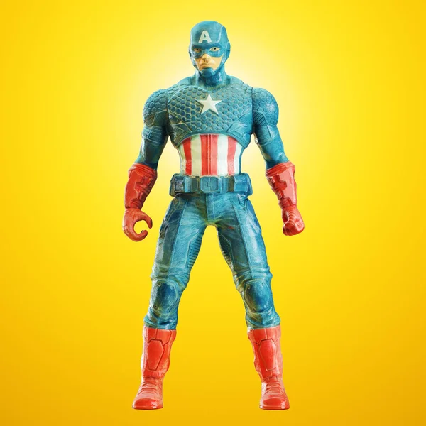 Toy Captain America stands in a pose against a yellow backlit background. Front view. 3d rendering