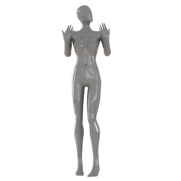一只灰色的抽象女性人体模特站在那里，将她的头和手指举到白色的背景上。3d渲染 — 图库照片