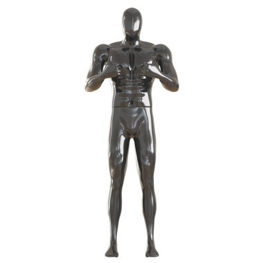 Siyah erkek plastik manken elleriyle havalı bir işaret veriyor. Ön manzara. 3d oluşturma