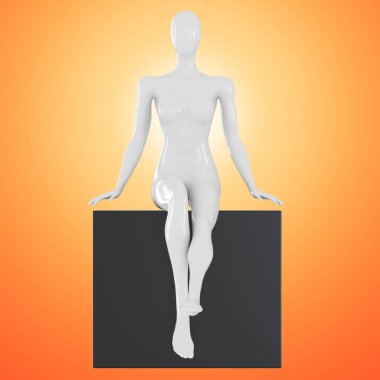 Beyaz, yüzü olmayan bir kadın manken, siyah bir küpün üzerinde turuncu bir arka fonda oturuyor. Ön manzara. 3d oluşturma